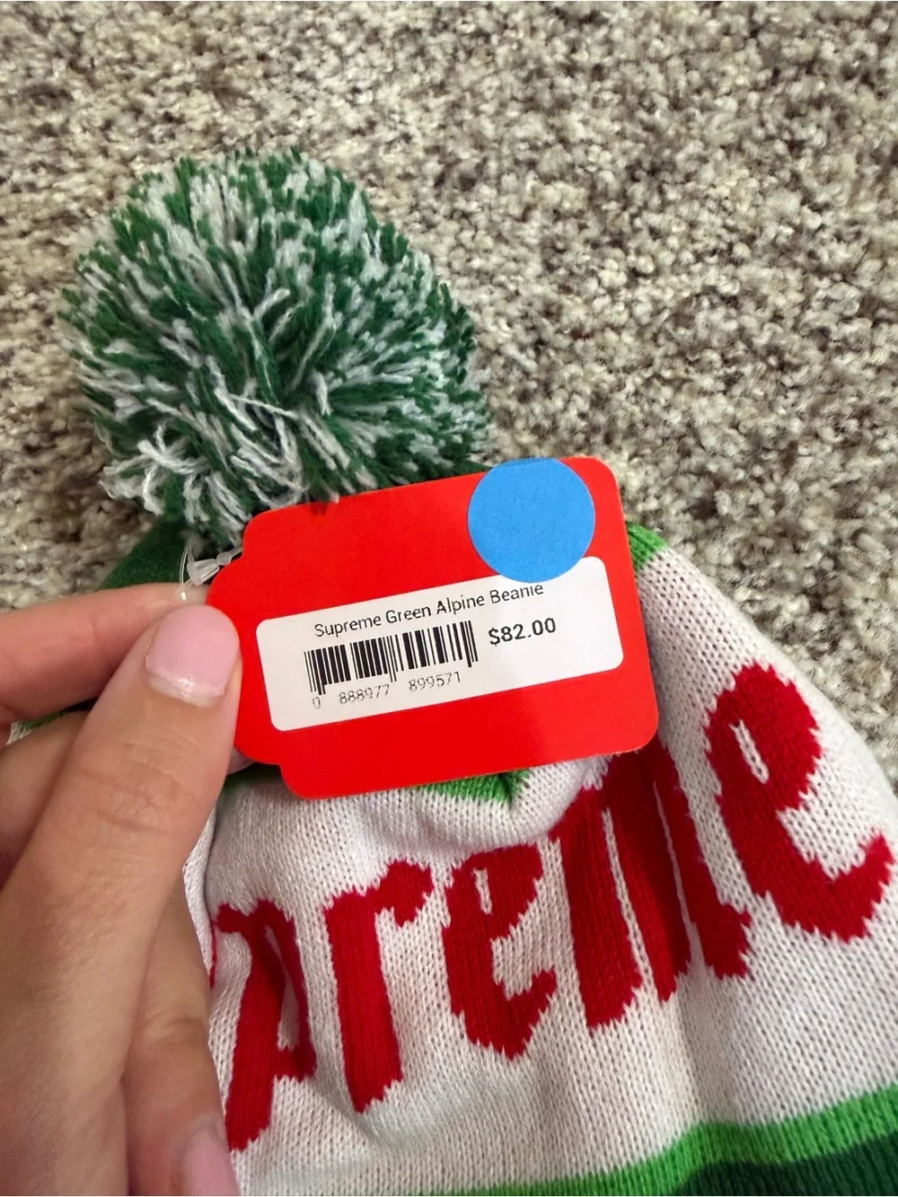 Supreme Green Pom Beanie with Red Logo